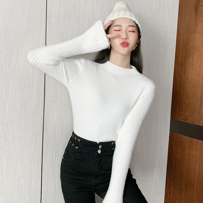 

UICVIE Korean Style Sweater Women Pullover Casual Half Turtleneck Long Sleeve Knit Sweater Female Jumpers solid basic sweater
