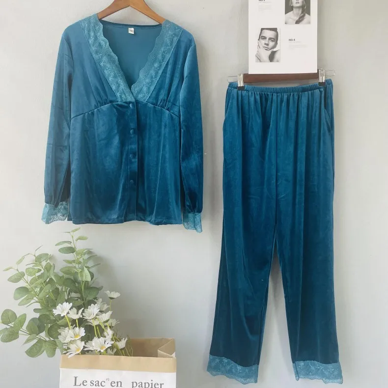 

V-Neck Women 2PCS Pajamas Suit Long Sleeve Velvet Casual Pyjamas Velour Autumn New Sleepwear Home Clothing Intimate Lingerie