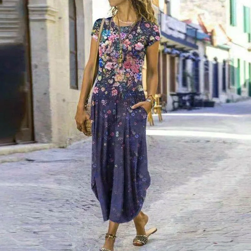 

Retro Floral Print Short Sleeve Summer Dress Women Elegant O Neck Irregular Long Dress Casual Loose A-Line Maxi Dresses Vestidos