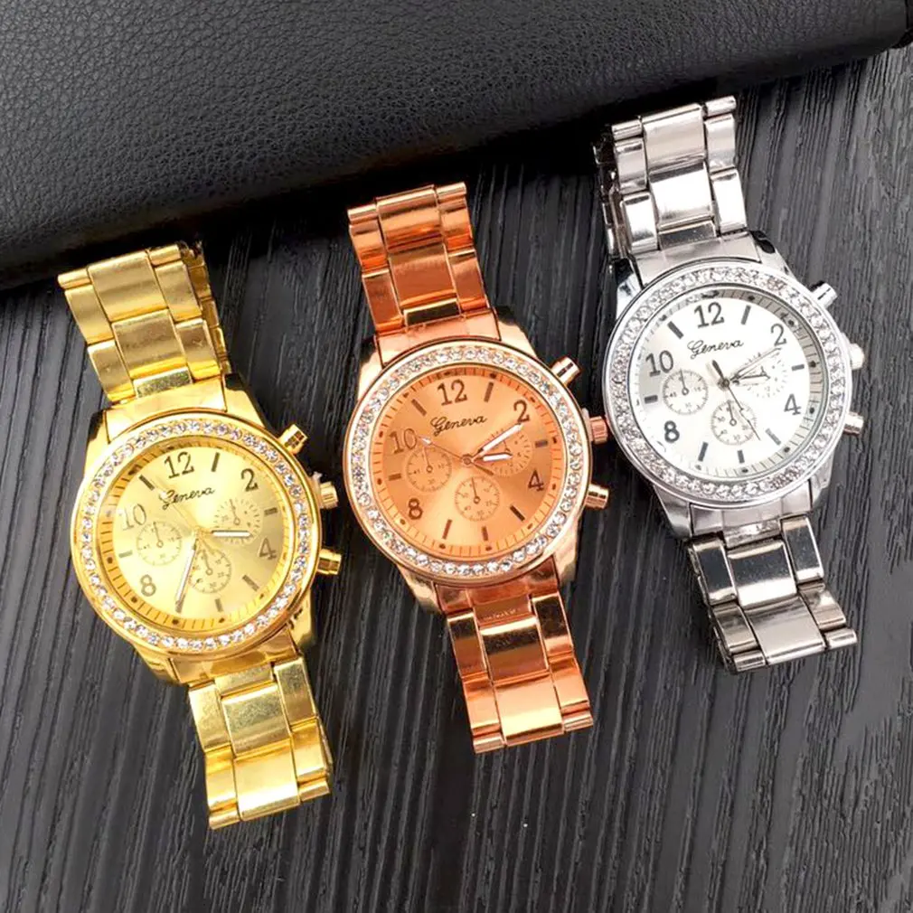 New Trendy Women Crystal Quartz Watch Geneva Three-eye Diamond Luxury Stainless Steel Strap Round Dial | Наручные часы