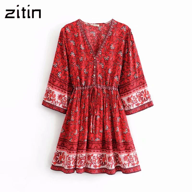 Boho шикарное летнее винтажное мини платье с цветочным принтом для женщин 2019