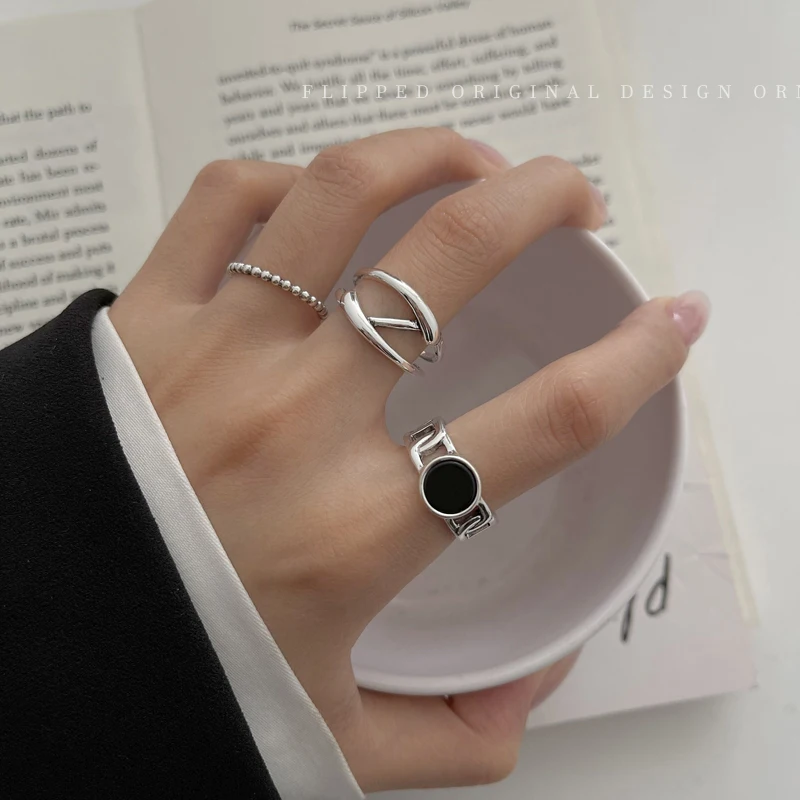 

2021 Korean Fashion Acrylic Black Ring For Women Charm Vintage Fairy Couple 3 Piece Set Ring Goth Punk Emo Jewelry Gift