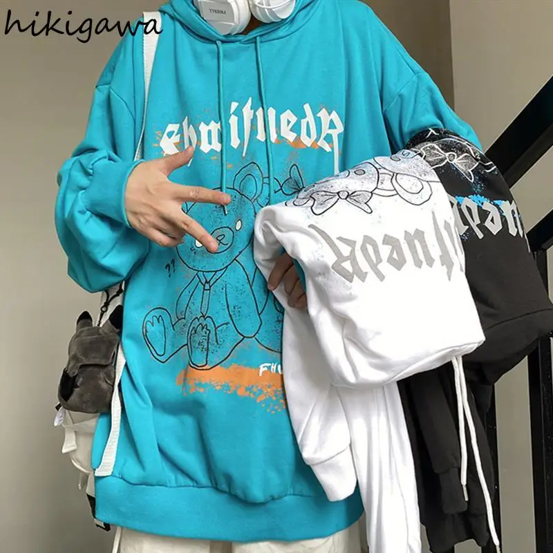 

Hikigawa Hoodies Women Bear Cartoon Print 2021 Spring Sweatshirt Long Sleeve Pullover Japan Harajuku Hoodie Men Loose Cute Tops