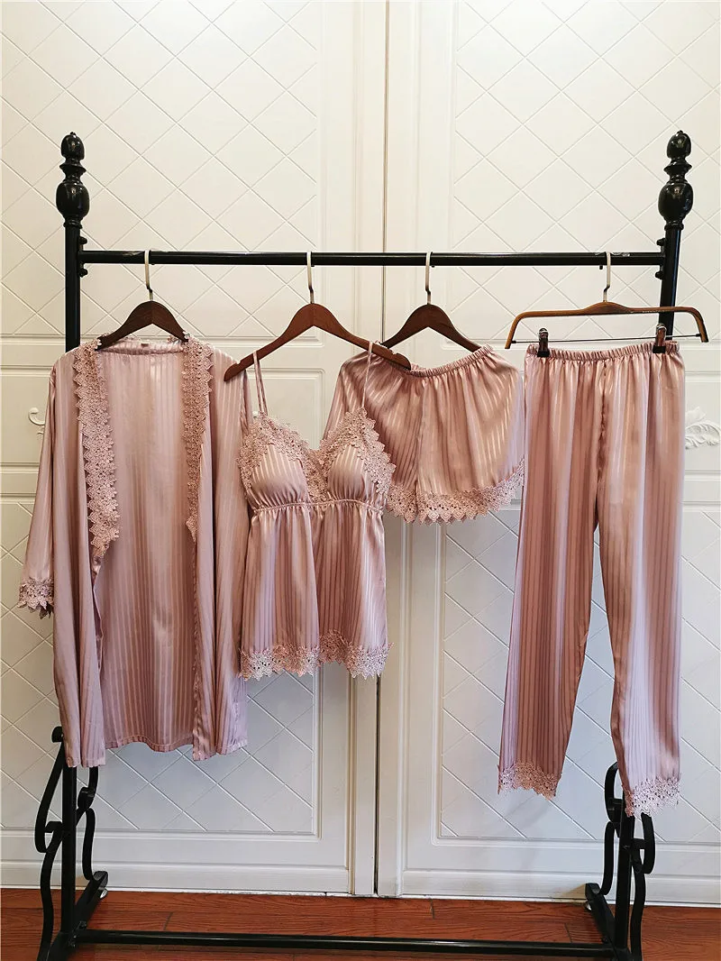 

Green Satin 5PCS Sleepwear Women Silky Pajamas Set Sexy Lace Sleep Set Casual Kimono Gown Female Casual Pyjamas Suit Home Wear
