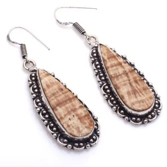 

Genuine Yellow Lace Agate Earrings Silver Overlay over Copper , Hand made Women Jewelry Gift, 58 mm, E6383