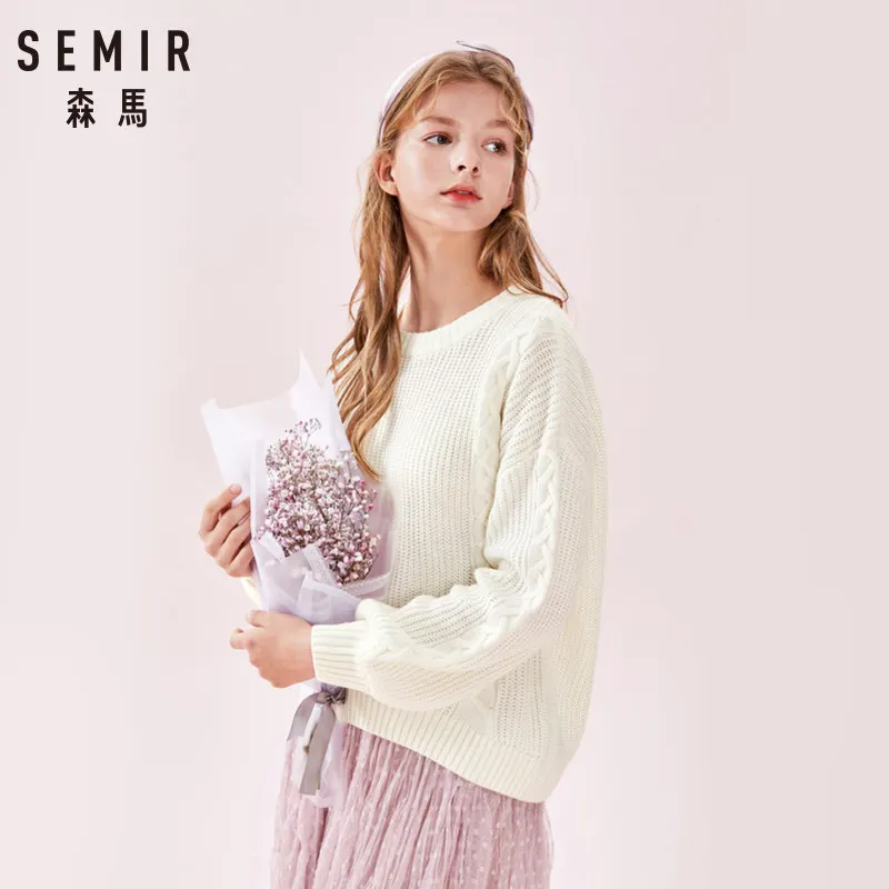 SEMIR Women Cable Knit Sweater Longer at Back Women's Pullover with Dropped Shoulder Ribbing Neckline Cuff and Hem | Женская одежда