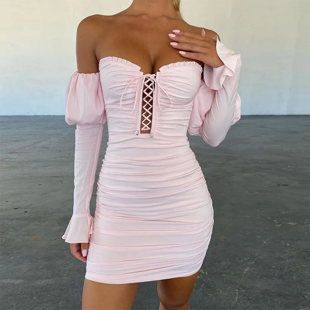 

Lace bra one shoulder long sleeve short skirt slim pleated bubble sleeve sexy evening dress festa robe de soiree ball women gown