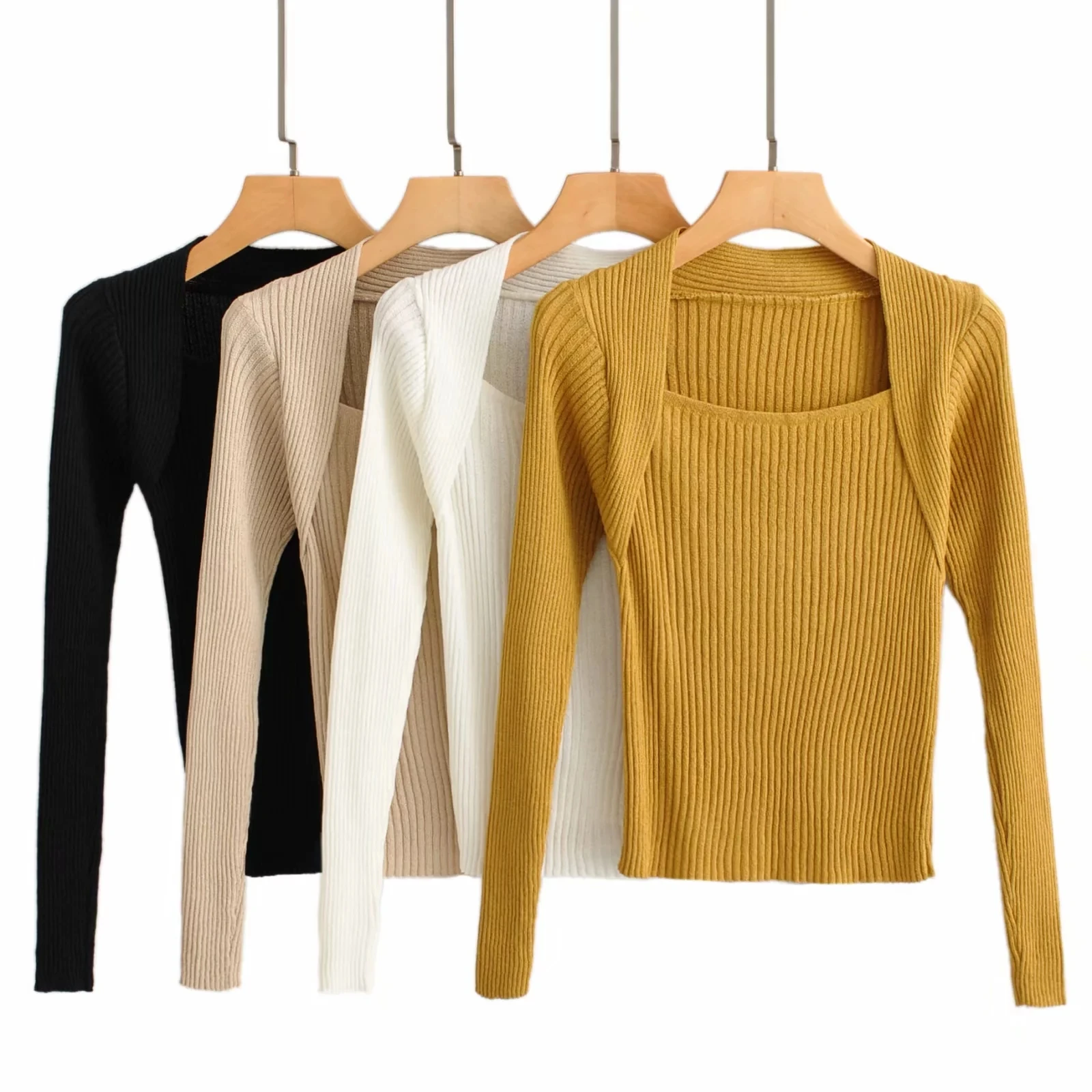 Women Square Neck Ribbed Jumper Casual Long Sleeve Rib Knit Top Sweater | Женская одежда