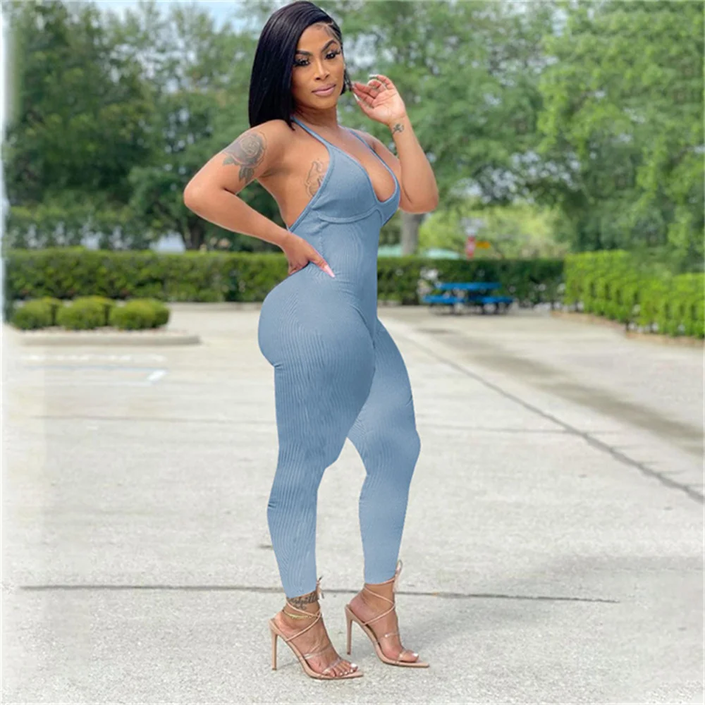 

RStylish Sexy 2021 Summer Playsuit Women Elegant Streetwear Solid V-Neck Halter Backless High Elastic Bodycon Fitness Jumpsuit