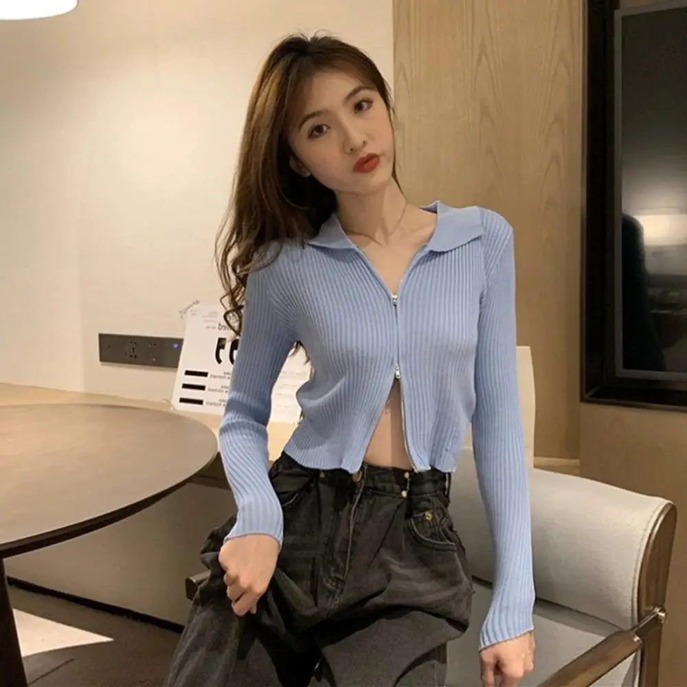 

Sexy Women Turn Down Collar Long Sleeve Ribbed Knitwear Double Zips Slim Blouse Slim Blouse