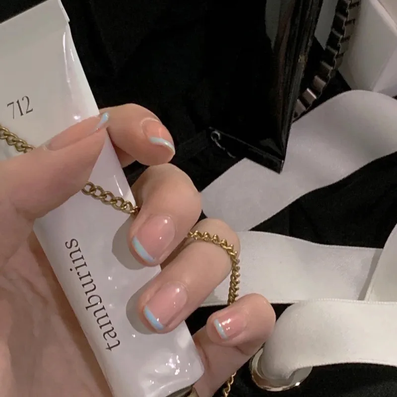 

Простой французский короткий стиль, натуральные накладные ногти, подходит для девочек, повседневная одежда, полное покрытие, съемные ногти