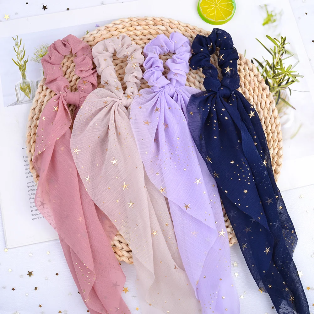 

New Silk Star Bow Hair Scrunchies Chiffon Tailing Hair Rope For Woman Girls Daily All-match Elastic Headwear Hair Accessories