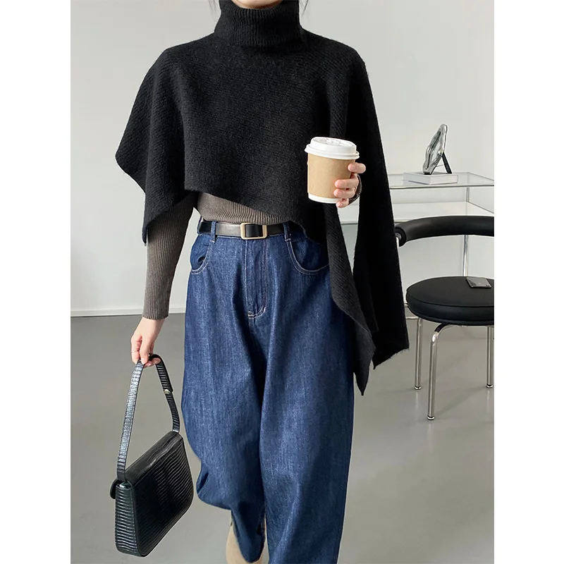 

Irregular Sweater Fork Cape Shawl High Neck Scarf Black / Khaki / Beige / Gray