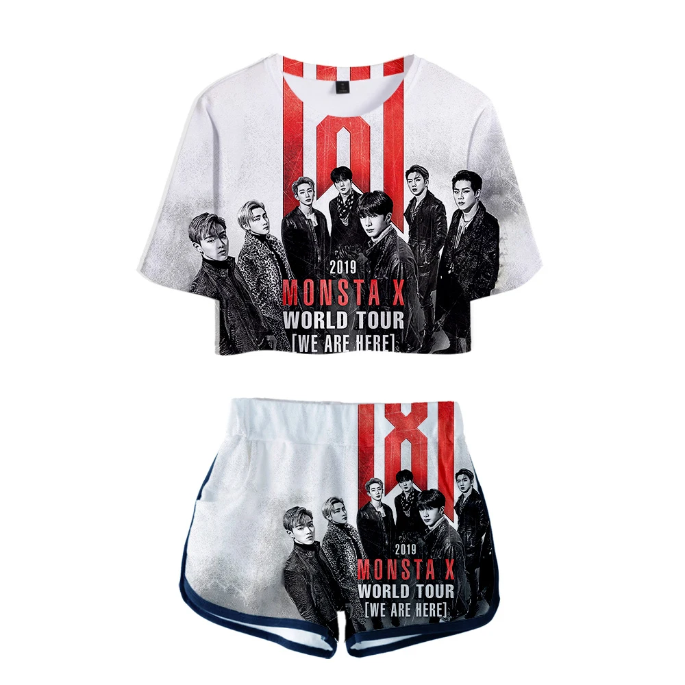 

Fashion Trendy MONSTA X 3D Print Girls Dew navel Two Piece Set MONSTA X Women Sexy Short Sleeve Crop T-shirts+Shorts Tracksuit