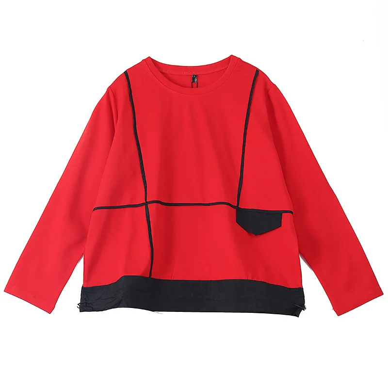 

Streetwear Fashion Brand 2021 Spring New Personalized Splicing T-shirt Loose Styles Tees And Tops Women's Pullovers Red Color
