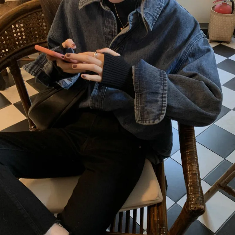 

2021 Spring New Women Denim Blouses Vintage Casual Long Sleeve Female Denim Coat Shirts Lady Classic Lapel Tops Blusas Y469