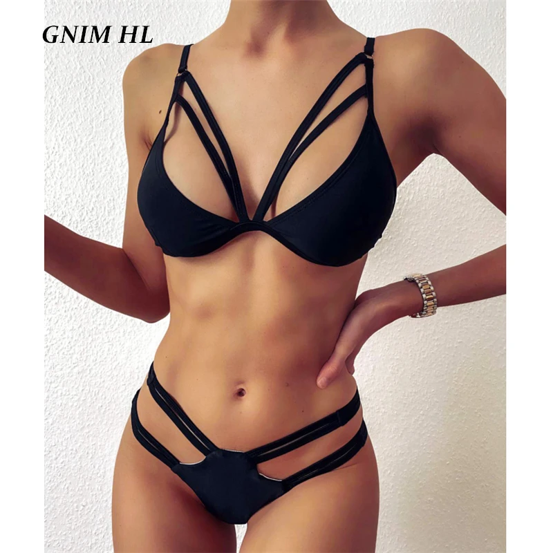 Летний черный купальник GNIM Женский комплект бикини пуш ап 2020 сексуальный с