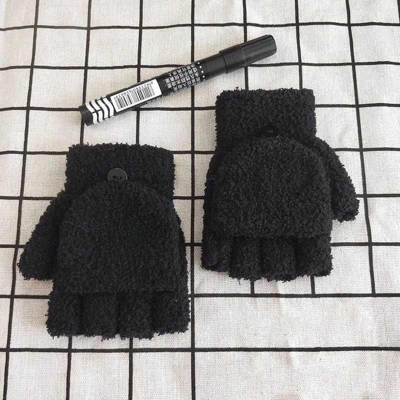 black Детские перчатки из кораллового флиса двойного назначения, перчатки с полупальцами, зимние теплые варежки для мальчиков и девочек - Цвет: black
