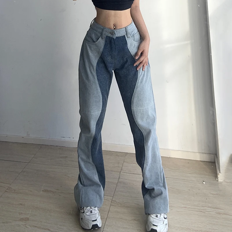 

2022 Y2k Baggy Women's Jeans Basic High Waist Wave Print Patchwork Wide Leg Denim Pants Trousers Streetwear Casual Mujer Jean