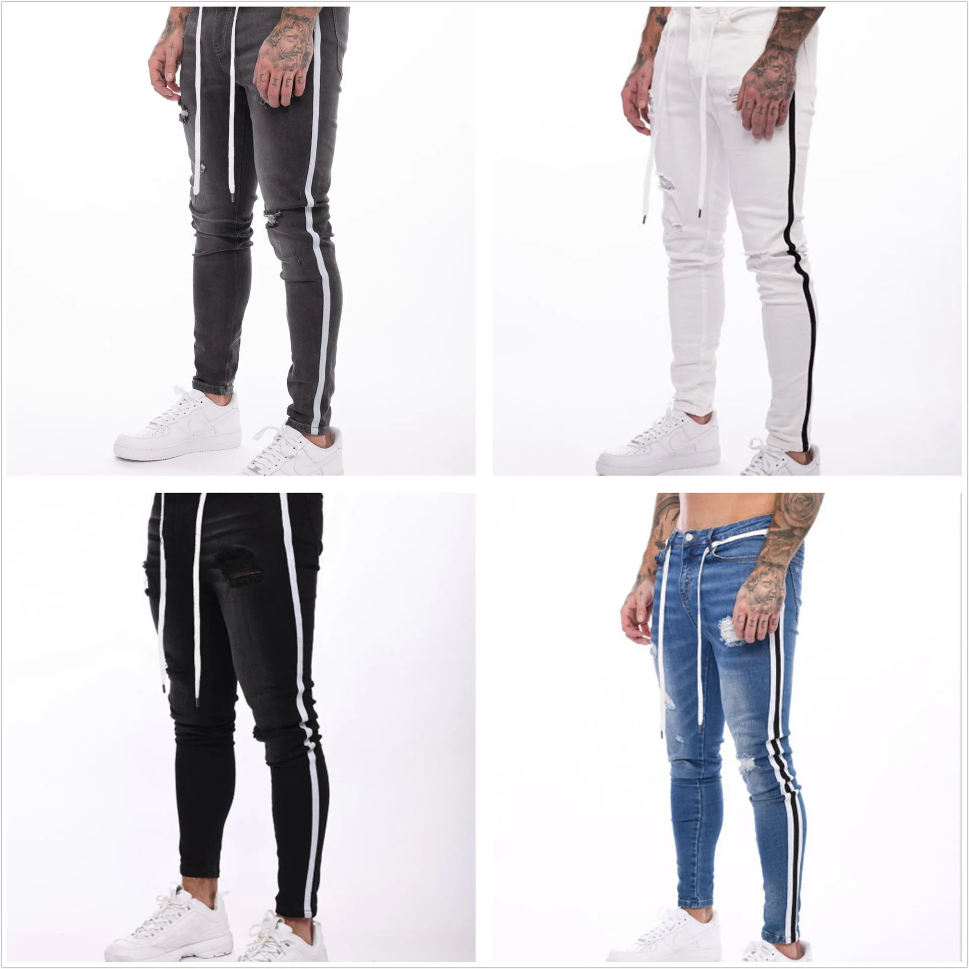 

Men's Skinny Jeans Hole Ripped Fashion Jeans Slim Big Size The side stripe white Jeans Jeans Skinny Stretch Pants