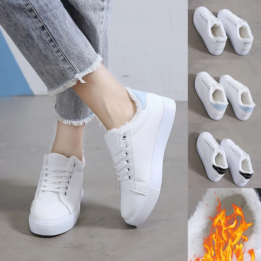 

White sneakers ladies canvas shoes fashion vulcanized shoes casual ladies warm and velvet lace-up sneakers size 35-42