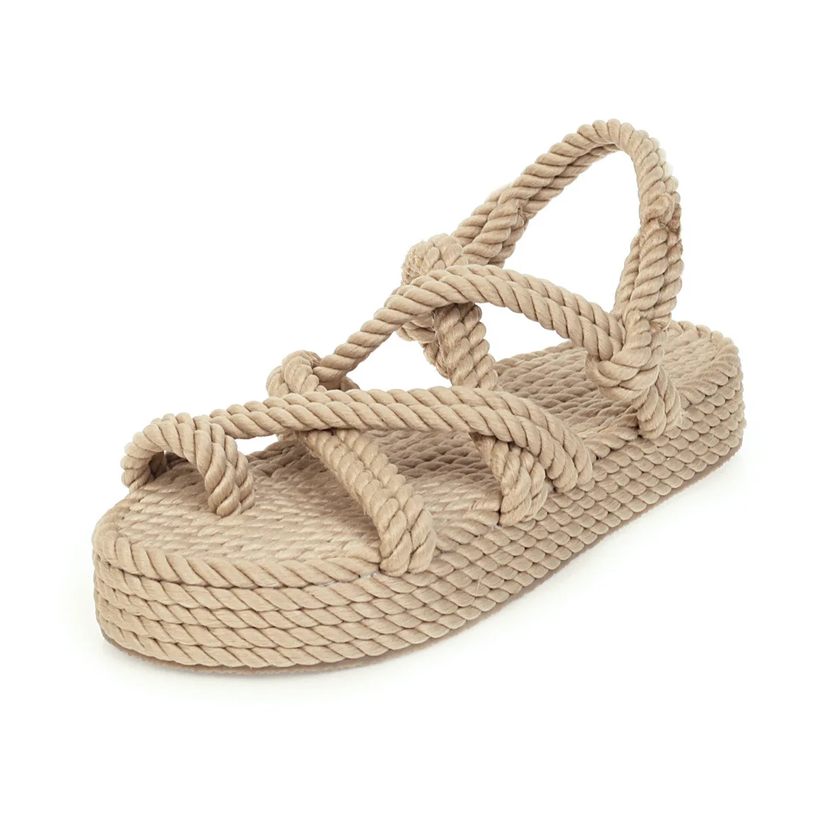 

40-43 Bohemian hemp rope cross knitting set toe thick bottom waterproof platform muffin heel women's sandals