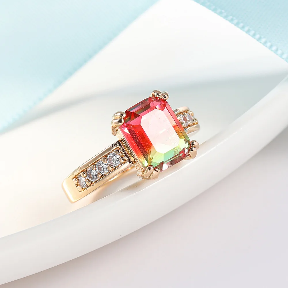 

Luxury Gold Plated New Style Colour Tourmaline Crystal Ring 2021 Fashion Women Square Gem Ring Wedding Engagement Jewelry