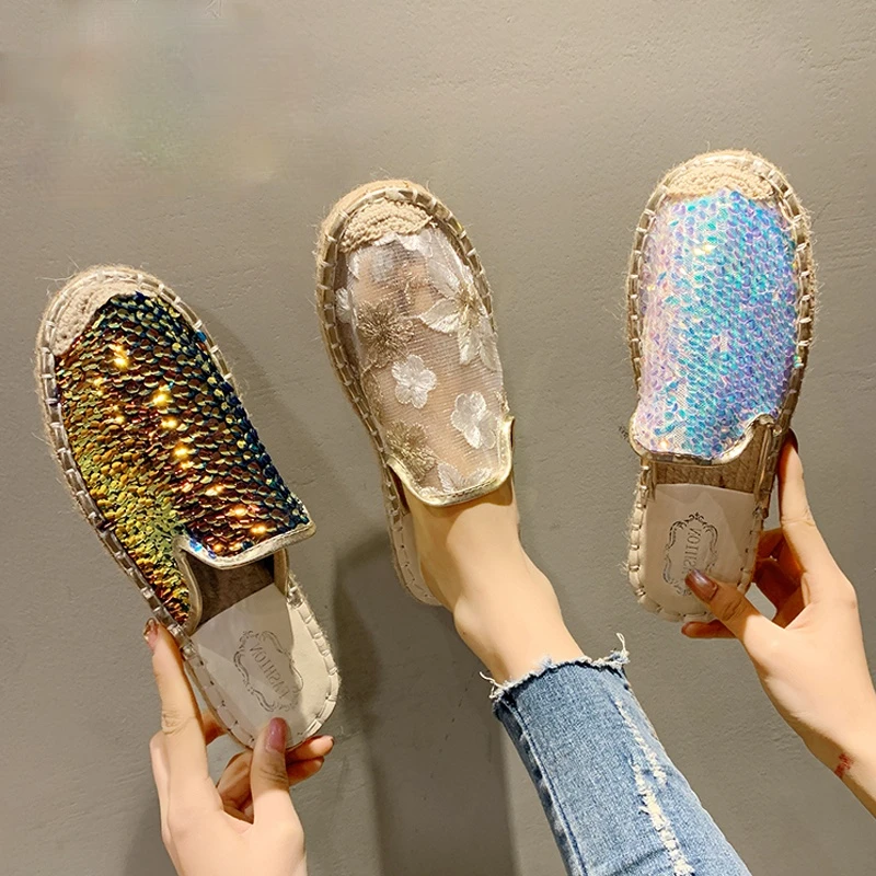 

New Mesh Bling Half Slippers Flat-bottomed Straw Woven Rope Breathable Low-top Shoe Flower Colorful Fisherman Shoes Flat Loafers