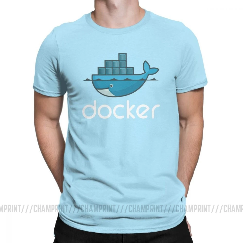 Мужская футболка с логотипом Docker, Linux, Javascript, компьютерная хлопковая одежда, Забавные футболки с коротким рукавом и круглым вырезом, графические футболки - Цвет: Небесно-голубой