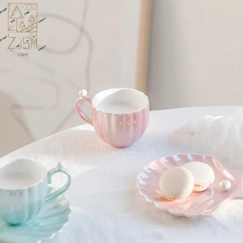 

240ML British Style Pearl Shell Cup Ceramic Tea Set European Luxury Small Exquisite Coffee Cup Plate Set Afternoon Tea Cup