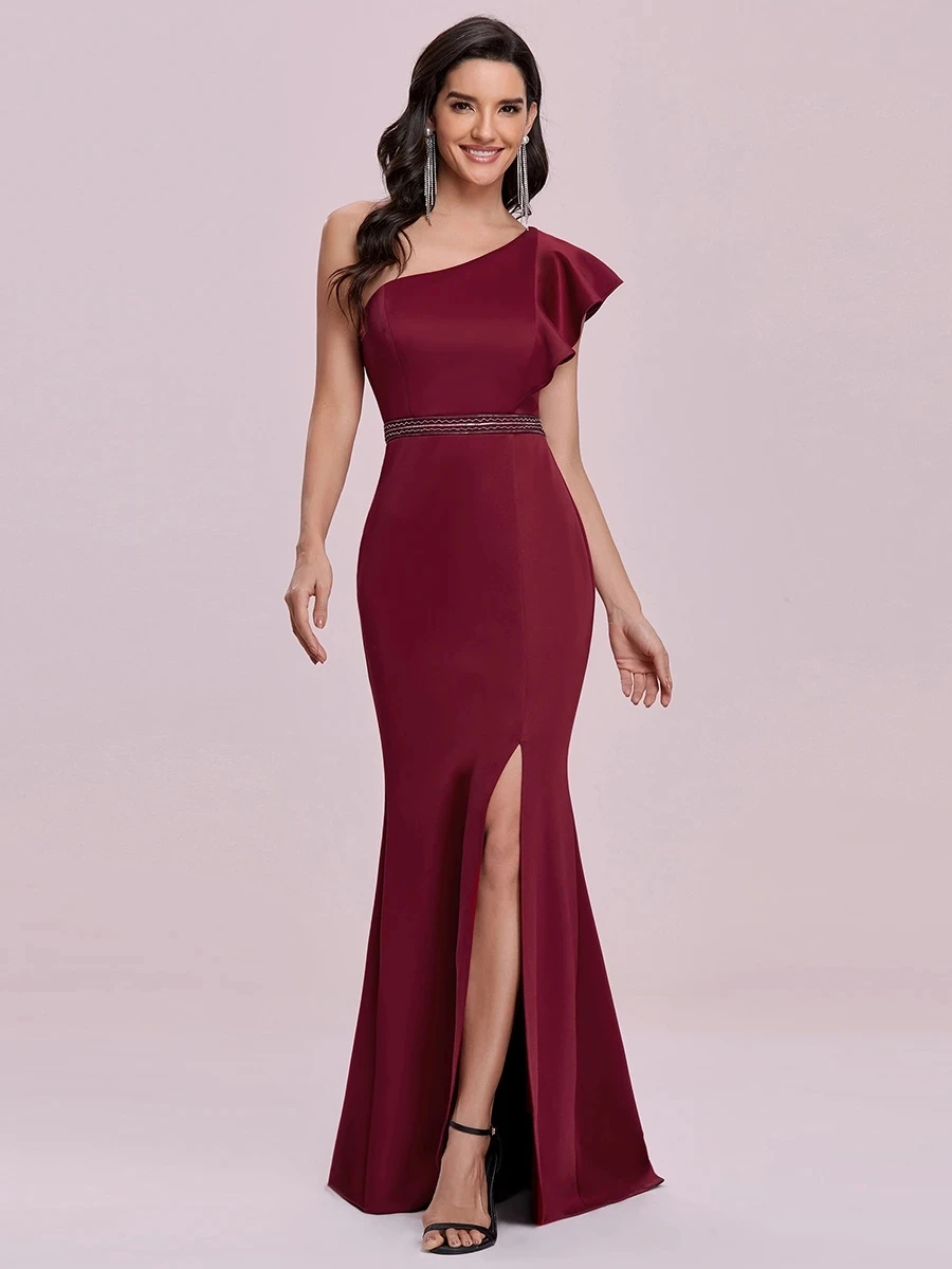 

Burgundy Red Elegant Maxi One Shoulder Wholesale Evening Dress with Side Split Mermaid Wedding Dress Sashes Ruched Sleeveless