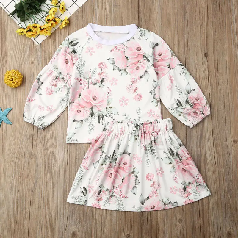 Children's 2PCS Set Baby Girls Floral Blouse Outfits Toddler Kids Clothes Long Sleeve T-shirt Tops + White Elastic Short Skirts | Детская