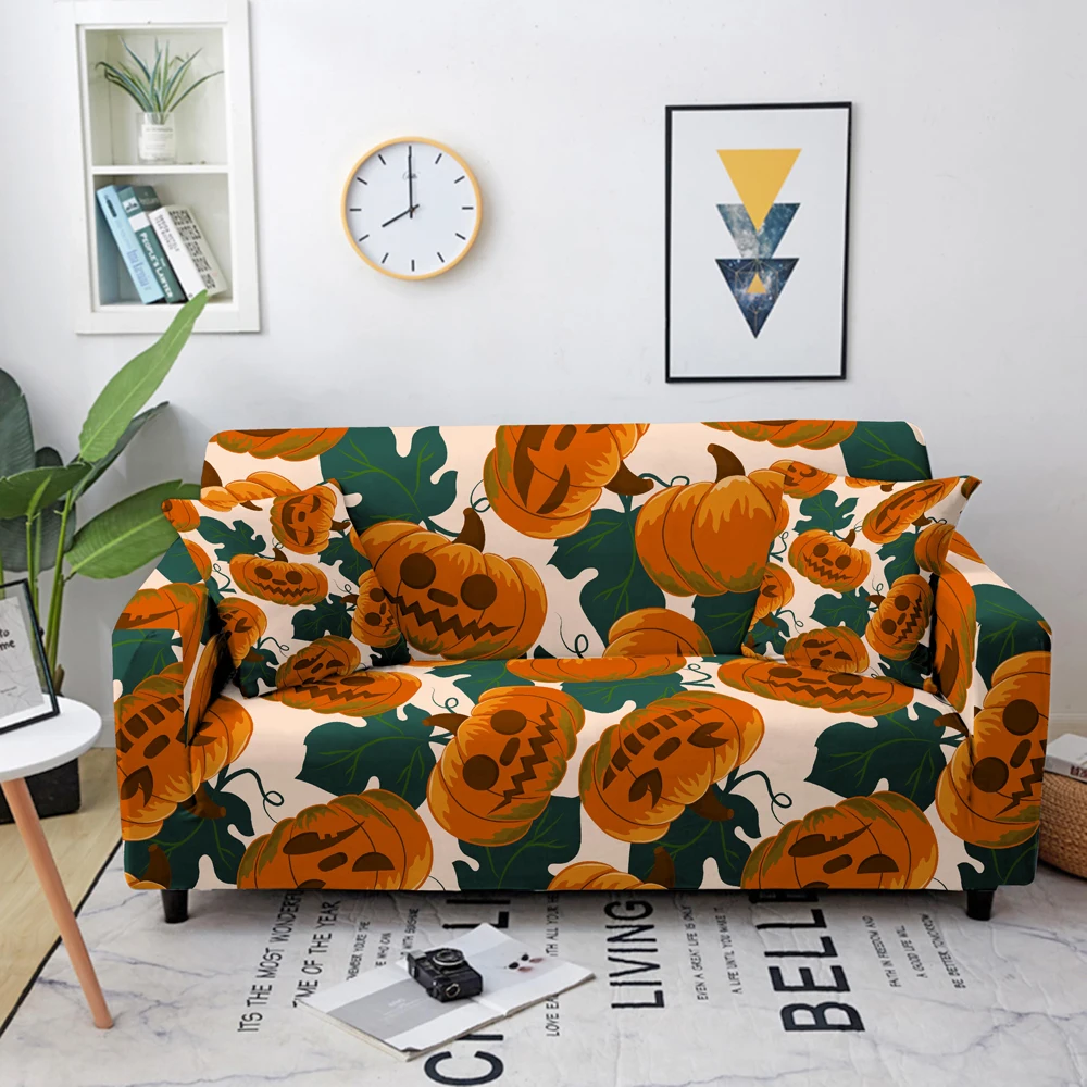 Funda el&aacute;stica con estampado de calabaza fantasma para sof&aacute;, cubierta de esquina el&aacute;stica para sala de estar, decoraci&oacute;n para fiesta de Halloween, Protector de sof&aacute;-2