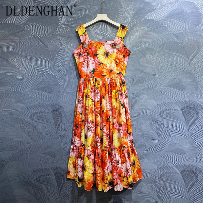 

DLDENGHAN Fashion Designer Summer Cotton Midi Dress Women's Spaghetti Strap Floral Print Sexy Backless Bohemian Vacation Dresses