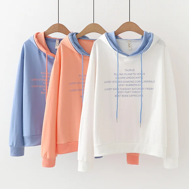 

Women's Letter Print Hoodies Sweatshirts Hit Color Patchwork Pullovers 2020 New Sweet Style Girl Loose Tracksuit
