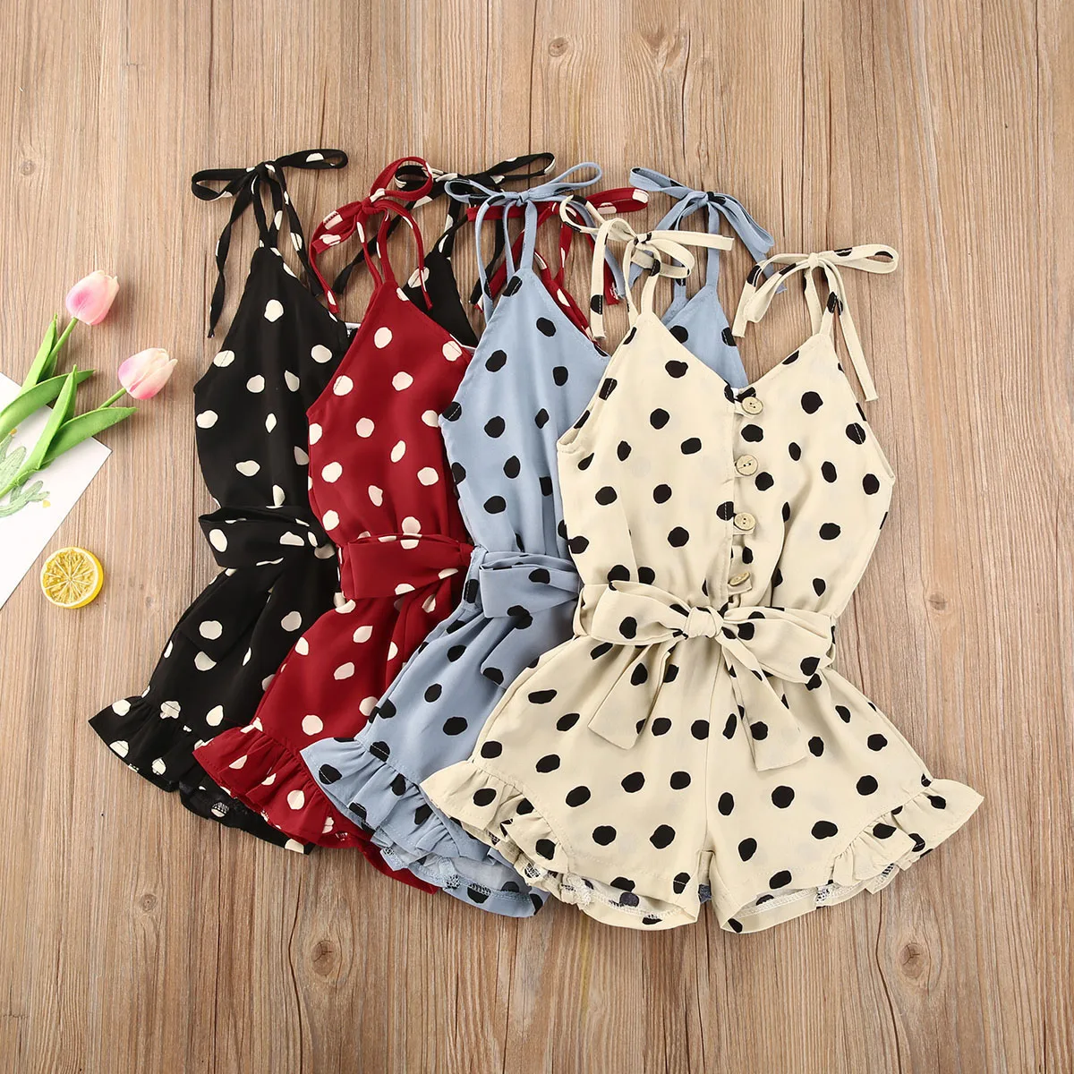 

Cute Baby Kid Girl Summer Rompers Overalls Polka Dot Printing Bow Button Sleeveless Leaf Vacation Rompers Clothing 2-6Years
