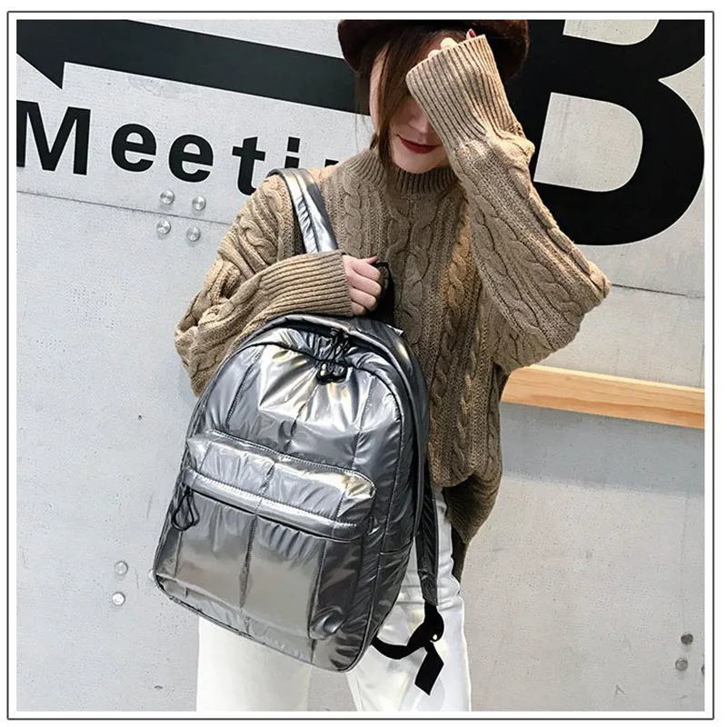 

Backpack Women Down Feather Waterproof Space Cotton Student Anti-theft School Bag Fashion Leisure Travel Solid Color Big Bag
