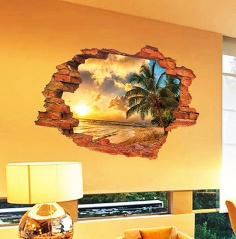 

3D Broken Wall Sunset Scenery Seascape Island Coconut Trees Household Adornment Can Remove The Stickers