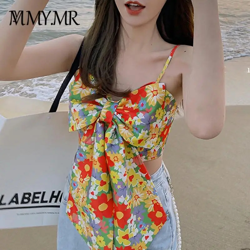 

Vintage Floral Camis Tops Designer Bow Women Y2k Beach Camis French Sexy Summer Strap Tops 2021 New Korean Casual Party Clothing
