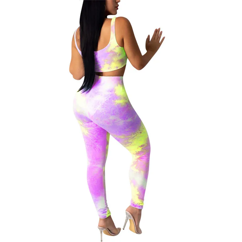 

New Arrival Women Sport Outfits 2-piece Set Fashion Casual Tie-dye Print Crop Tops High Waist Pants Trainning Outfits