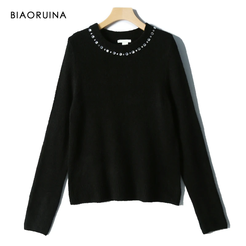 BIAORUINA Для женщин стразы черного цвета с круглым вырезом вязаный свитер женский