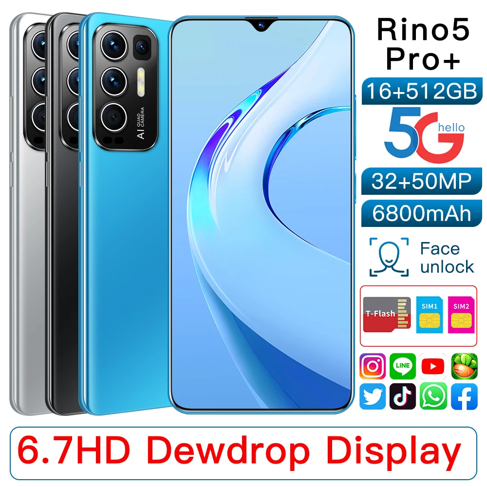 

Rino5 Pro+ Smartphones 6800mAh 16+512GB 6.7Inch Mobile Phones 32MP +50MP HD Camera Android11 Dual SIM Cellphones