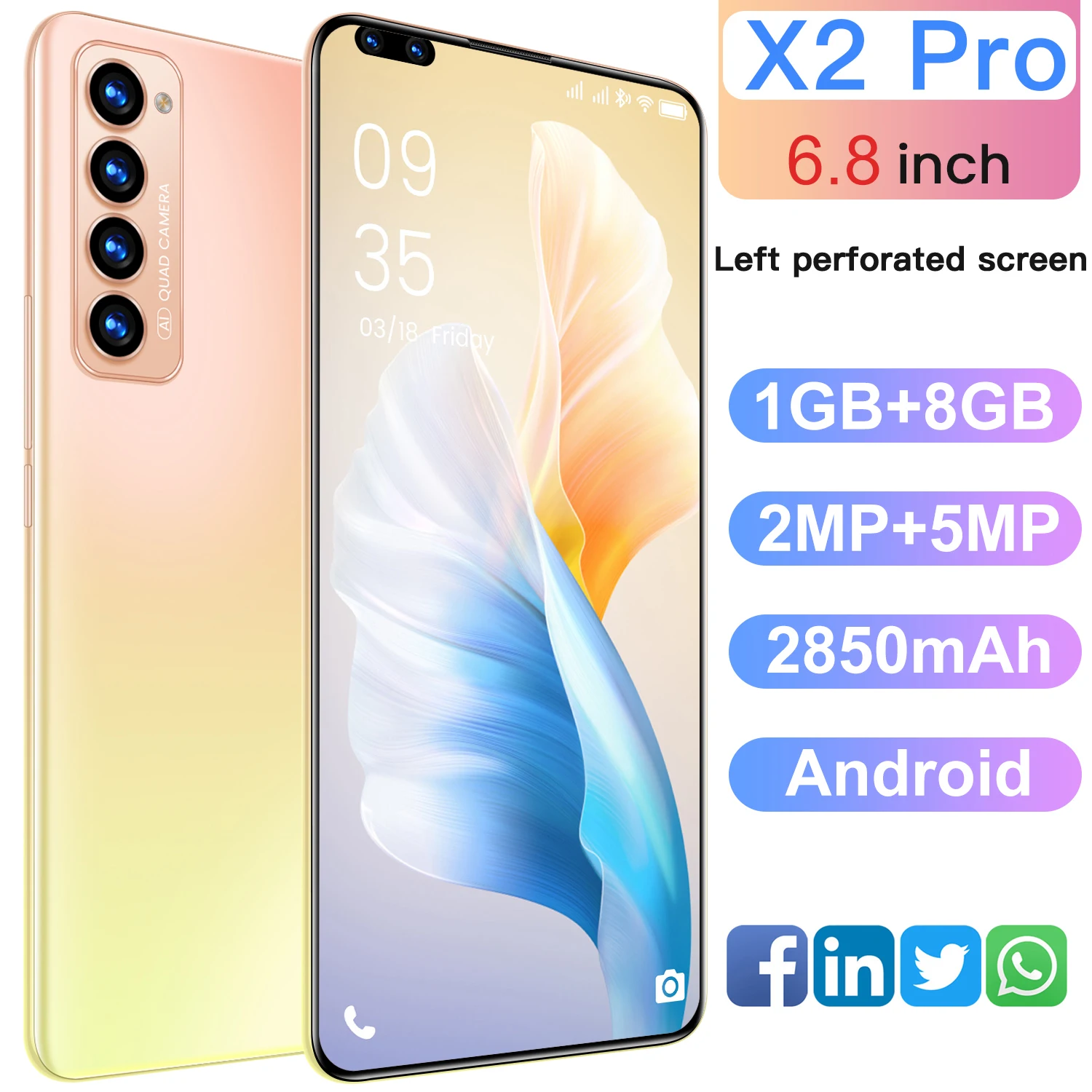 

Смартфон X2Pro, экран 6,8 дюйма, Android, 1 ГБ ОЗУ + 8 Гб ПЗУ