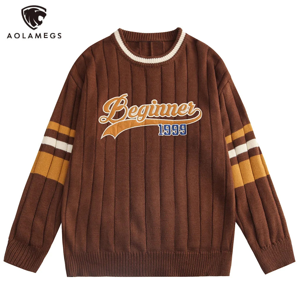 

Aolamegs Sweaters Men Striped Letter Embroidery Knitting Jumpers Casual Loose Varsity Japanese Vintage All-match Tops Streetwear