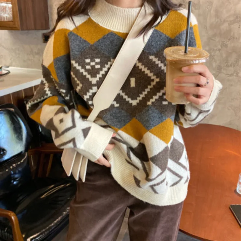 

2021 Korean Fashion Retro Harujuku Autumn Winter Pullovers Sweaters Women Casual Loose Long Sleeve Striped Knitted Sweater