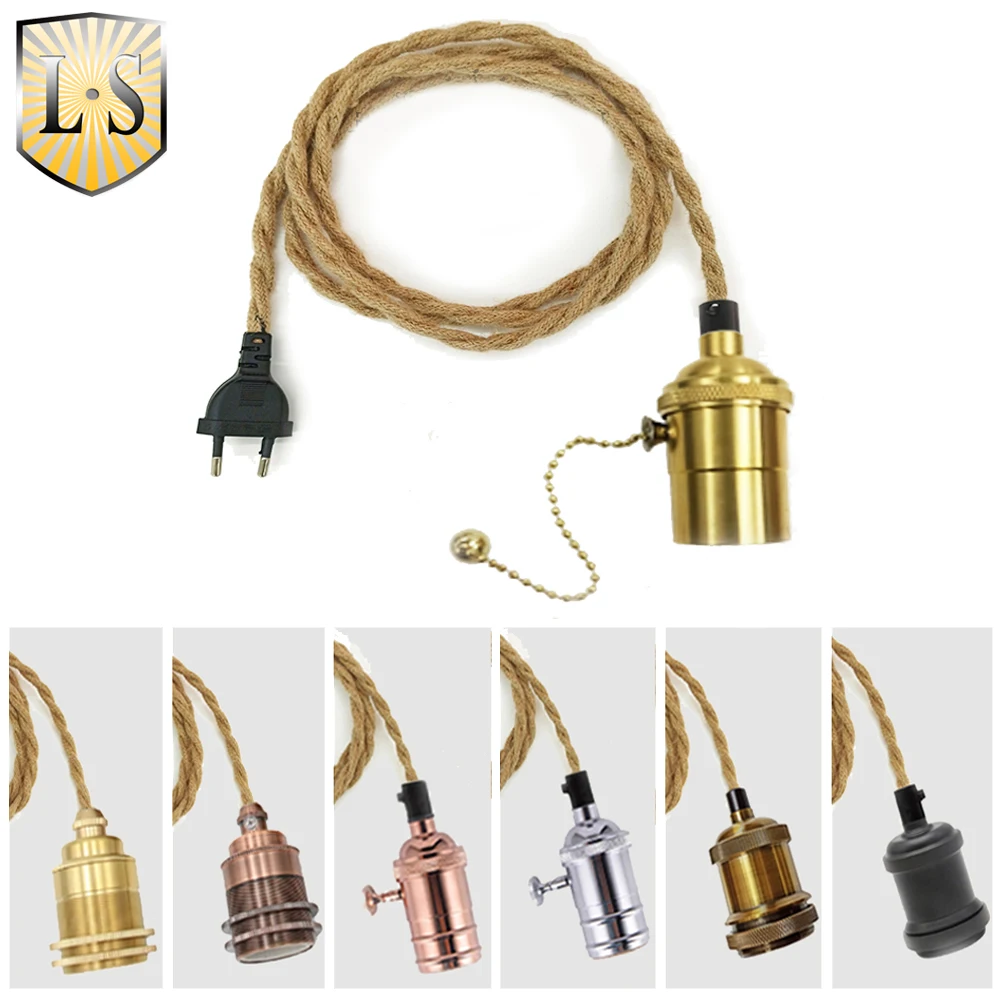 EU Plug Hemp Rope Power Cord  E27 Edison bulb Socket 2/3 Met