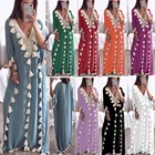 Арабский Дубай, свободная абайя с бахромой, с V-образным вырезом, марокканский кафтан, мусульманское женское длинное платье макси, Турция, повседневное летнее платье с коротким рукавом