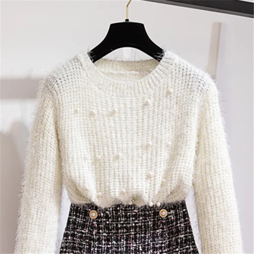white sweater Осенне-зимний комплект из двух предметов, спортивный костюм женская одежда элегантный вязаный свитер с бисером+ короткая твидовая юбка русалки, костюм - Цвет: white sweater