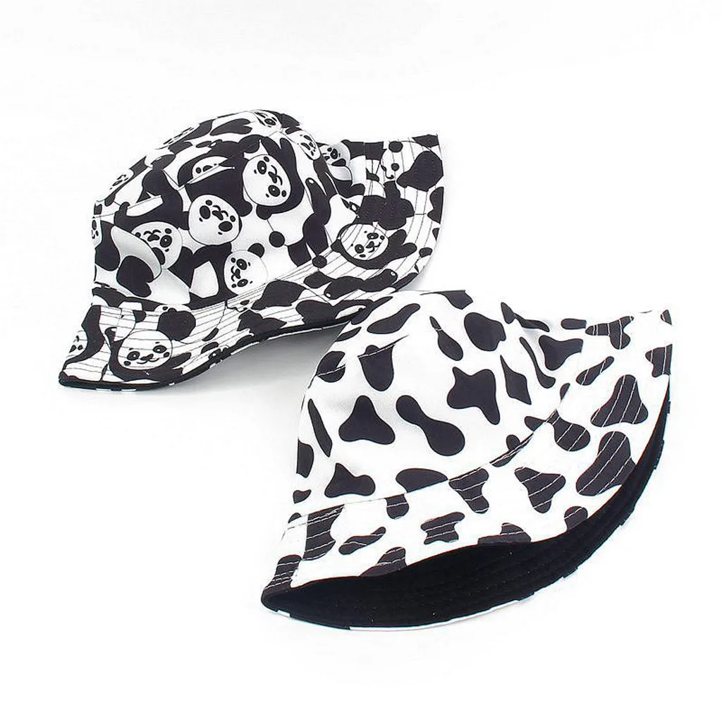 

Outdoor Activities Travel Hat New Fashion Reversible Black White Cow Pattern Bucket Hats Fisherman Caps For Women Gorras Summer