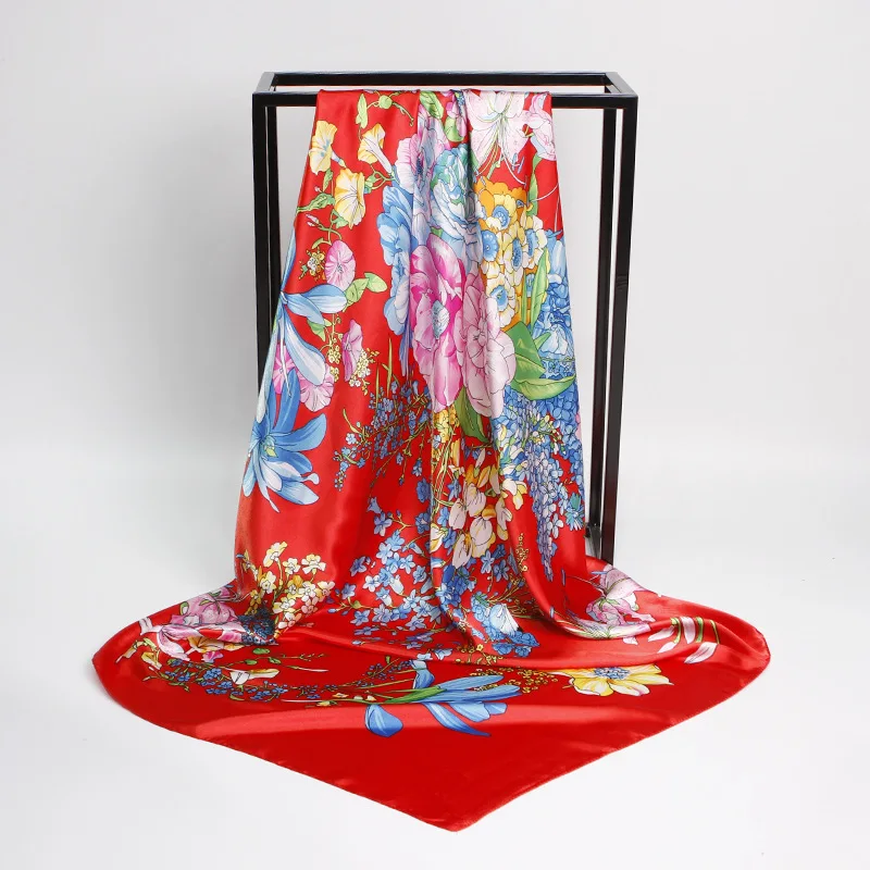 

New Fashion 90*90cm Silk Scarf Ladies Square Flower Print Neck Hair Decorate Headband Bandana Small Muslim Neck Muffler Female